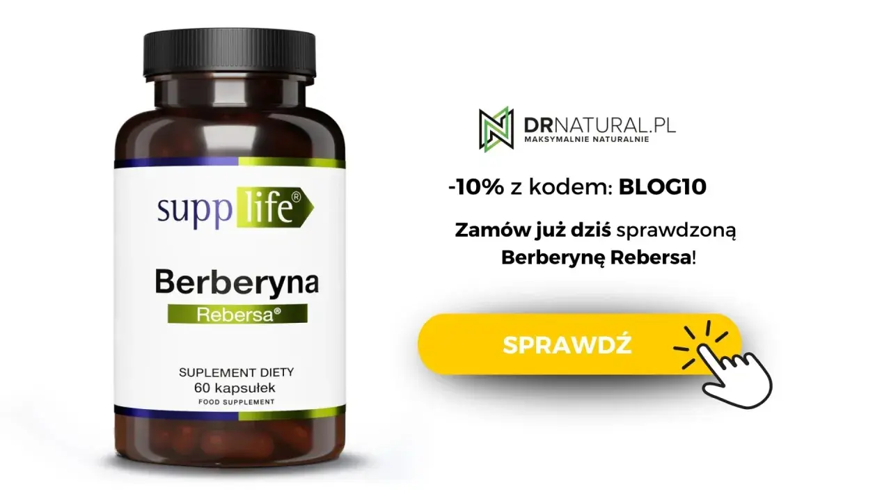 Opakowanie suplementu diety Berberyna Rebersa, wspierającego zdrowy cholesterol. Zamów już dziś!