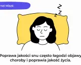 Ilustracja przedstawia osobę z zaburzeniami snu, leżącą na poduszce. Poprawa jakości snu łagodzi objawy choroby.
