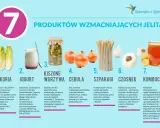 Cebula to naturalny prebiotyk, który wspiera jelita. Na grafice produkty wzmacniające jelita: cykoria, jogurt, kiszone warzywa, cebula, szparagi, czosnek, kombucha.