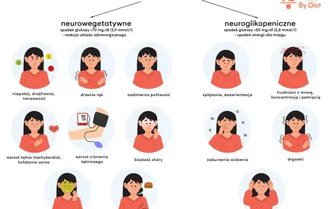 Ilustracja przedstawia objawy hipoglikemii reaktywnej: niepokój, drżenie rąk, poty, splątanie, trudności z mową, wzrost tętna, bladość skóry, nudności, głód, zaburzenia widzenia, drgawki, utratę przytomności.