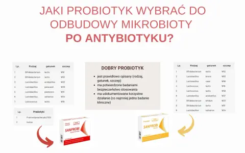 Jaki probiotyk wybrać po antybiotyku? Tabela szczepów bakterii i prebiotyków, produkty Sanprobi.