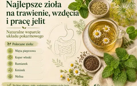Kubek herbaty z rumiankiem, miseczki z koprem włoskim i kminkiem, liście mięty i melisy.