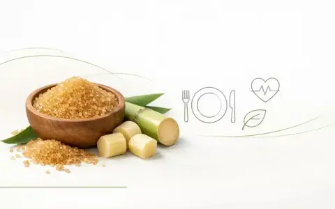Cukier trzcinowy w misce i kawałki trzciny cukrowej. Czy cukrzyk może używać cukier trzcinowy? Ikony posiłku, serca i liścia sugerują zdrową dietę.