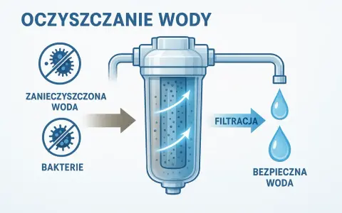 Oczyszczanie wody: zanieczyszczona woda z bakteriami przechodzi przez filtr, co zabija bakterie coli domowe sposoby, dając bezpieczną wodę.
