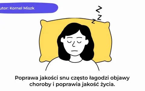 Ilustracja przedstawia osobę z zaburzeniami snu, leżącą na poduszce. Poprawa jakości snu łagodzi objawy choroby.