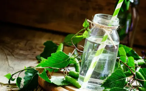 Szklana butelka z wodą i zielono-białą słomką, otoczona gałązkami brzozy z młodymi pąkami. Naturalny syrop z brzozy na kaszel.