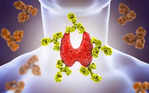 Tarczyca atakowana przez żółte przeciwciała, ilustracja chorób autoimmunologicznych. W tle brązowe przeciwciała.
