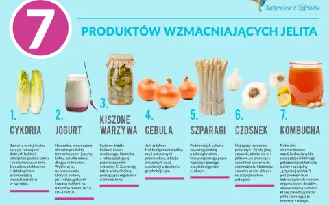 Cebula to naturalny prebiotyk, który wspiera jelita. Na grafice produkty wzmacniające jelita: cykoria, jogurt, kiszone warzywa, cebula, szparagi, czosnek, kombucha.