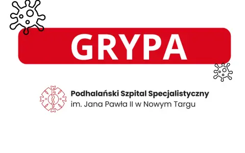 Grafika z napisem "GRYPA" i ikonami wirusów. Pod spodem logo szpitala. Dowiedz się, co na grypę w Podhalańskim Szpitalu Specjalistycznym.
