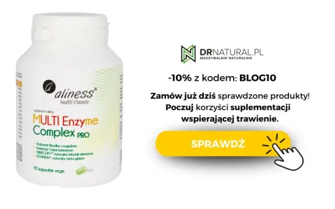 Suplement diety Aliness Multi Enzyme Complex PRO z probiotykami i błonnikiem, co na lepsze trawienie. Zamów z kodem BLOG10.