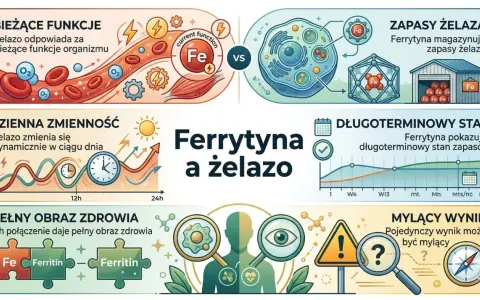 Ferrytyna a żelazo: jak podnieść ferrytynę? Obrazek wyjaśnia funkcje żelaza, jego dzienne wahania, zapasy magazynowane przez ferrytynę i długoterminowy stan.